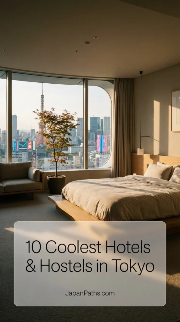 A stylish modern hotel room overlooking the Tokyo skyline at twilight, representing the 10 Coolest Hotels & Hostels in Tokyo. Image ideal for Japan travel inspiration, showcasing Japanese culture and accommodation options ranging from luxury suites to budget hostels in Asakusa and Shinjuku.