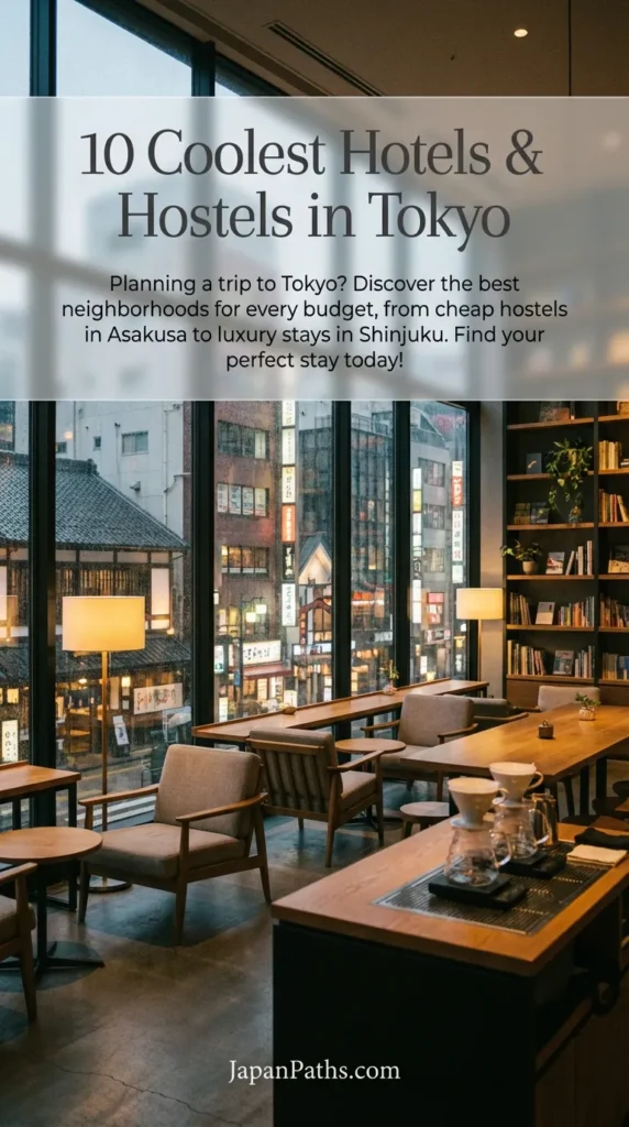 A stunning view of the city skyline from a modern hotel room paired with a cozy traditional Japanese hostel interior. This guide covers the 10 Coolest Hotels & Hostels in Tokyo, perfect for travelers planning a trip to Japan. Includes tips for staying in Asakusa, Shinjuku, and other top districts for Japanese culture.