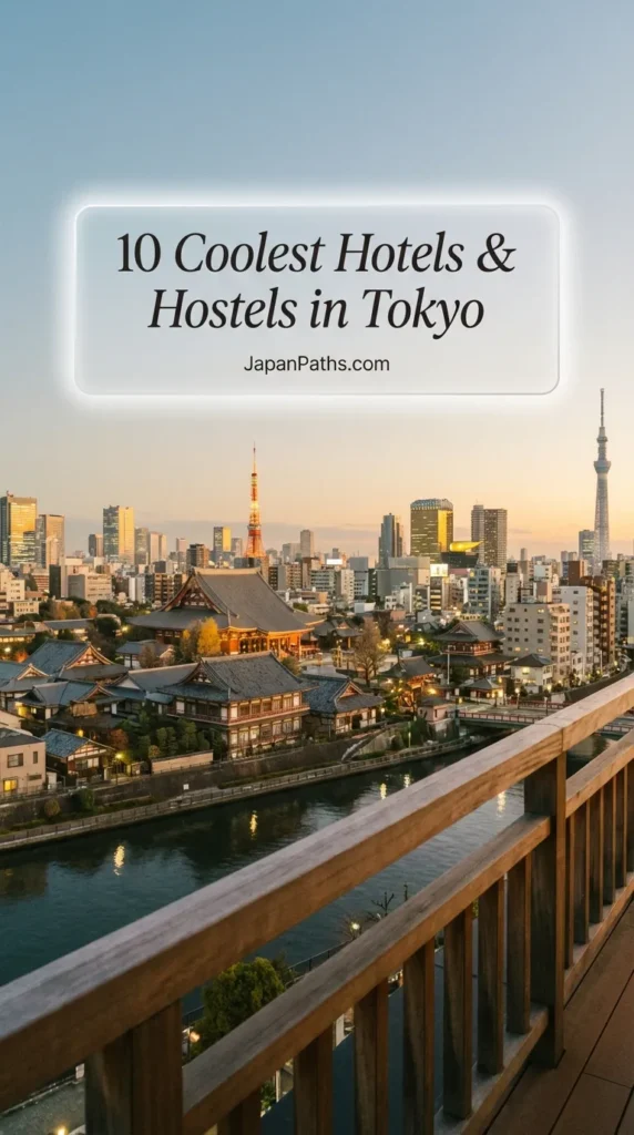 A stylish interior view of a modern Japanese hotel room overlooking the city skyline, representing the 10 Coolest Hotels & Hostels in Tokyo. The image conveys the comfort of Japan Travel accommodations, ranging from budget hostels in Asakusa to luxury stays in Shinjuku.