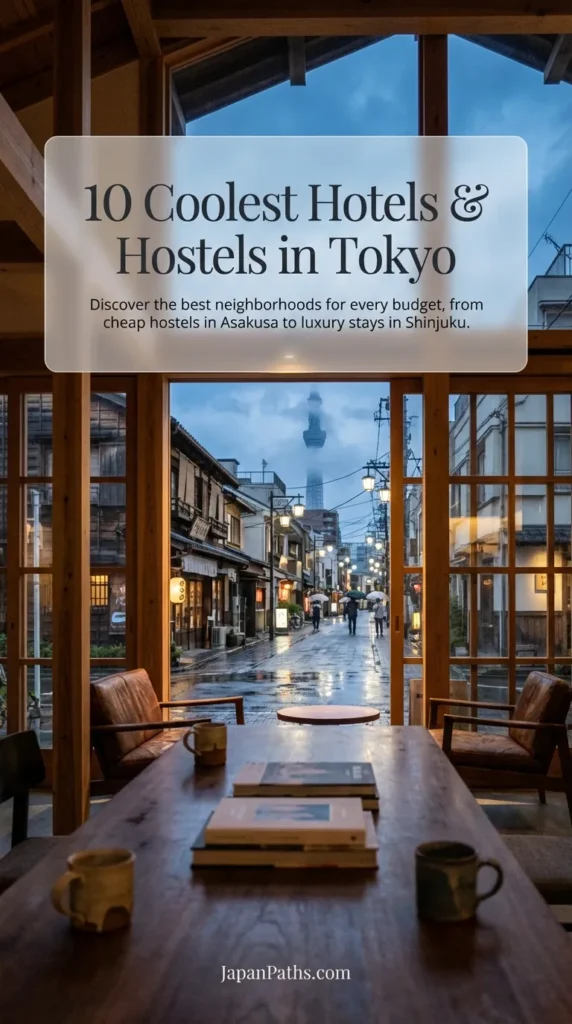A stylish collage featuring a modern capsule hotel and a luxury suite with city views, illustrating the 10 Coolest Hotels & Hostels in Tokyo. Perfect guide for Japan Travel planning, covering budget stays in Asakusa and premium hotels in Shinjuku.