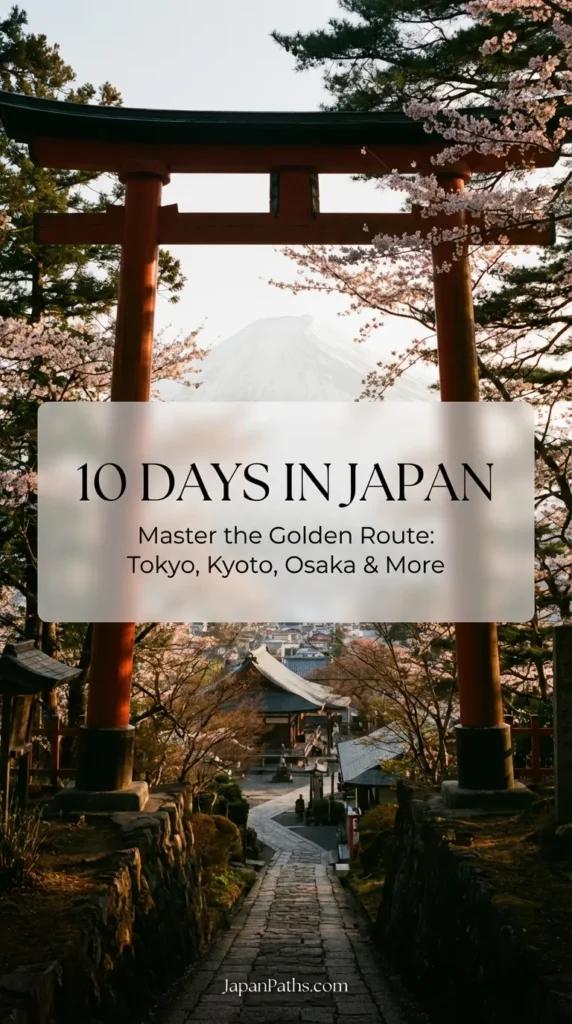 A vibrant travel collage featuring the red torii gates of Kyoto, the neon streets of Tokyo, and delicious Osaka street food. This pin leads to a comprehensive guide for spending 10 Days in Japan, focusing on the Golden Route. Ideal for those planning Japan travel, looking for Japanese culture tips, and organizing a first-time trip.