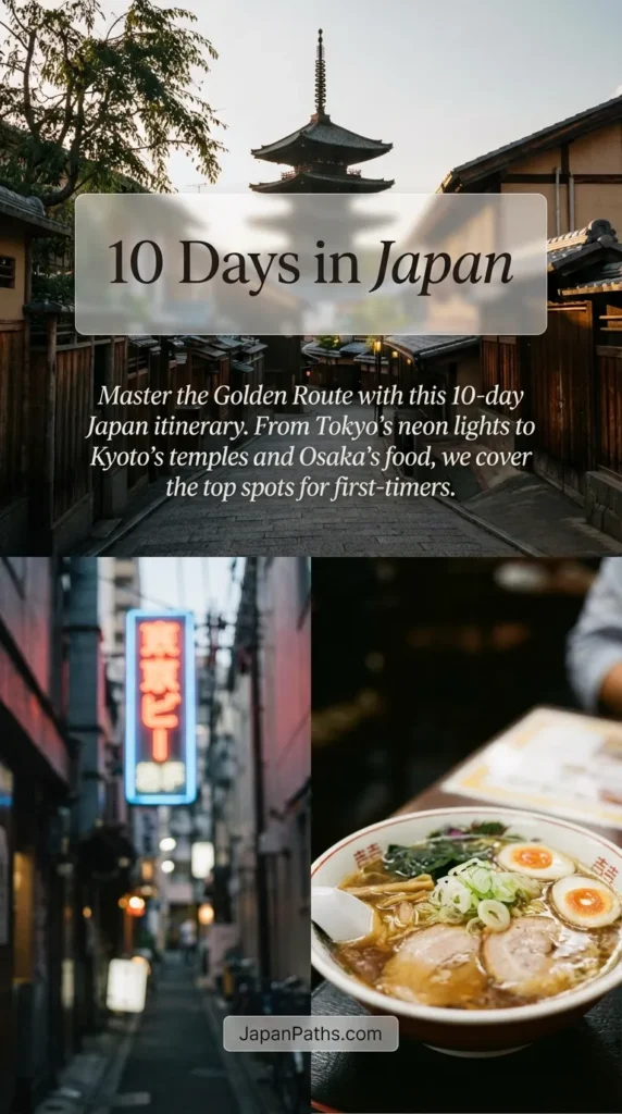 A vibrant collage showing Mount Fuji, the busy Shibuya Crossing in Tokyo, and a traditional Geisha in Kyoto, illustrating the highlights of a 10 Days in Japan itinerary. This guide covers Japan Travel essentials, Japanese Culture experiences, and the best route for first-time visitors exploring the Golden Route.
