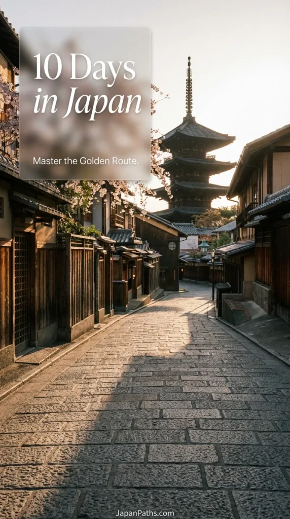 A scenic travel collage featuring a view of Mount Fuji, neon streets of Tokyo, and a traditional temple in Kyoto, illustrating the beauty of a 10 Days in Japan trip. This image represents the Golden Route travel guide covering Tokyo, Kyoto, and Osaka sightseeing, perfect for those interested in Japanese culture and travel planning.