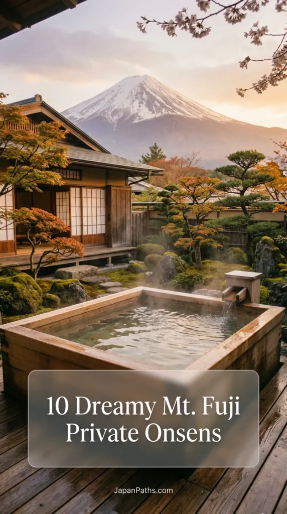 A traveler soaking in a wooden outdoor hot spring bath with a stunning view of a snow-capped mountain in the background. The image represents a guide to 10 Dreamy Mt. Fuji Private Onsens suitable for a luxury Japan travel itinerary. Perfect for those seeking Japanese culture, traditional ryokans in Hakone or Kawaguchiko, and ultimate relaxation.