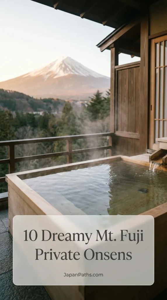A luxurious wooden outdoor bath filled with steaming hot spring water overlooking a majestic view of Mount Fuji. This pin links to a guide on 10 Dreamy Mt. Fuji Private Onsens, perfect for Japan travel planning and experiencing authentic Japanese culture.