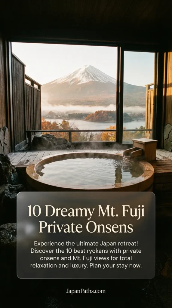 A serene Japanese ryokan room featuring a wooden bathtub with steam rising. A large window frames a breathtaking view of the snow-capped Mount Fuji during sunset. This guide highlights 10 Dreamy Mt. Fuji Private Onsens perfect for experiencing authentic Japanese culture and luxury travel. Ideal for travelers looking for relaxation near Tokyo and Kawaguchiko.
