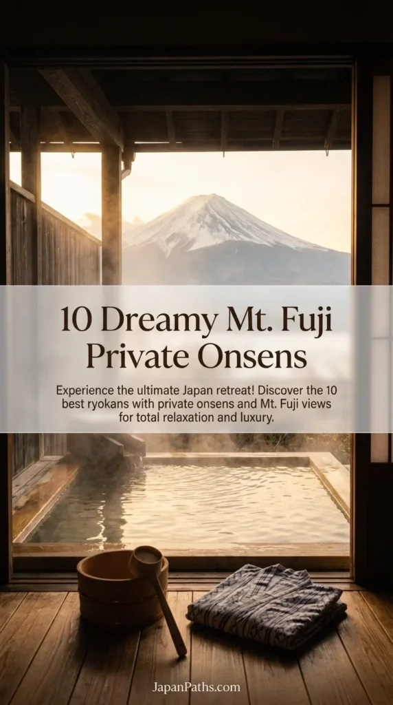 A stunning view of Mount Fuji seen from a traditional wooden outdoor bath. This image represents the 10 Dreamy Mt. Fuji Private Onsens featured in our Japan Travel guide, perfect for experiencing Japanese culture and luxury ryokan stays.
