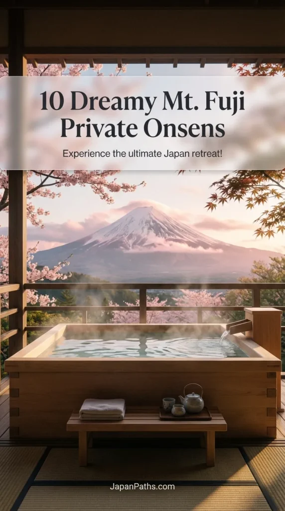 A luxurious wooden bathtub on a private balcony of a traditional Japanese ryokan, steaming gently with a clear view of Mount Fuji in the background. This image represents one of the 10 Dreamy Mt. Fuji Private Onsens perfect for Japan Travel enthusiasts seeking relaxation. The scene highlights Japanese Culture, serenity, and the beauty of an exclusive hot spring experience near Lake Kawaguchiko.