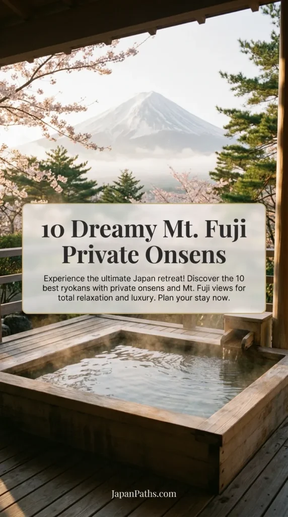 A serene view of a wooden open-air bath overlooking a snow-capped mountain, representing one of the 10 Dreamy Mt. Fuji Private Onsens featured in our guide. Perfect for Japan travel planning, this luxury ryokan setting showcases traditional Japanese culture, relaxation, and scenic views suitable for a romantic getaway or solo retreat.