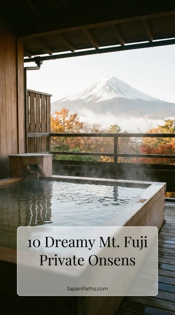 A relaxing wooden bathtub in a traditional Japanese ryokan room featuring a large window with a clear view of Mount Fuji. This guide highlights 10 Dreamy Mt. Fuji Private Onsens and the best luxury accommodations in Japan for travelers seeking authentic Japanese culture.