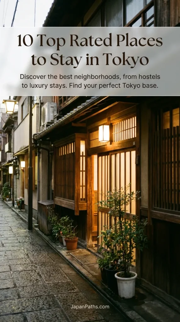 A stylish, modern hotel room with a view of the Tokyo skyline at sunset, illustrating our guide to the 10 Top Rated Places to Stay in Tokyo. Ideally suited for Japan Travel planning, showcasing accommodation options from budget hostels in Asakusa to luxury suites in Shinjuku.
