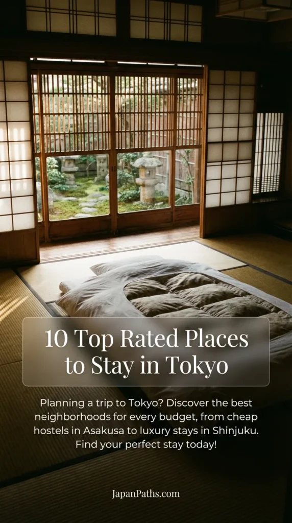 Scenic view of the Tokyo skyline with Tokyo Tower visible, illustrating the 10 Top Rated Places to Stay in Tokyo. The image represents Japan travel options, highlighting the contrast between modern luxury hotels in Shinjuku and traditional stays in Asakusa cultural districts.