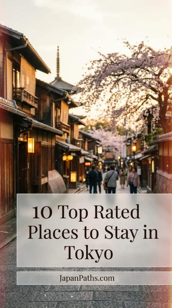 A scenic view of the city skyline at night, representing Japan Travel. The image leads to a guide on the 10 Top Rated Places to Stay in Tokyo, featuring hotels in Shinjuku and Asakusa perfect for experiencing Japanese Culture.