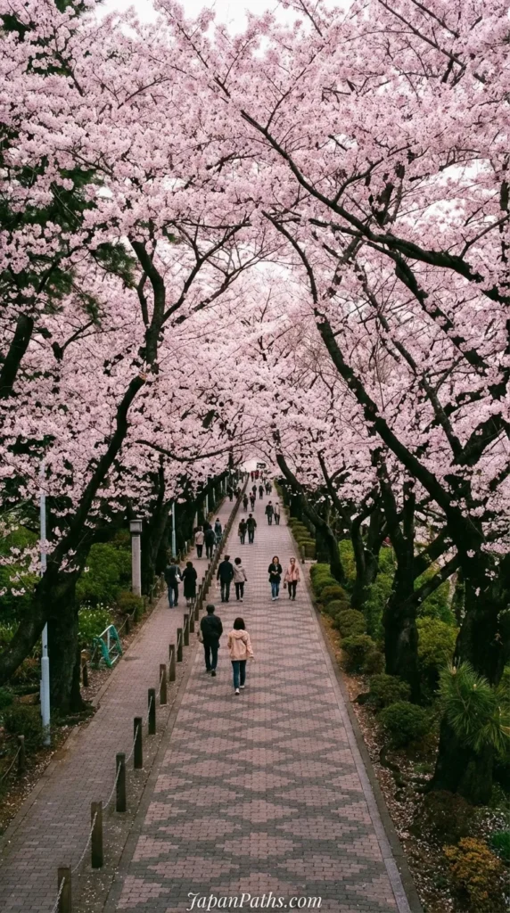 12 Common Tourist Mistakes in Japan: A breathtaking tunnel of pink cherry blossom trees arching over a paved path with people walking underneath during spring.