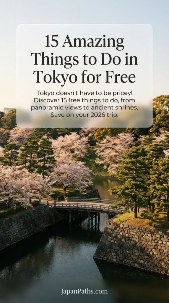 Scenic view of a traditional Japanese shrine gate in Tokyo surrounded by cherry blossoms, representing 15 Amazing Things to Do in Tokyo for Free. This travel guide image highlights budget-friendly spots like Meiji Shrine, Ueno Park, and the Tokyo Metropolitan Government Building for panoramic city views. Perfect for planning a 2026 Japan itinerary focused on Japanese culture and sightseeing.