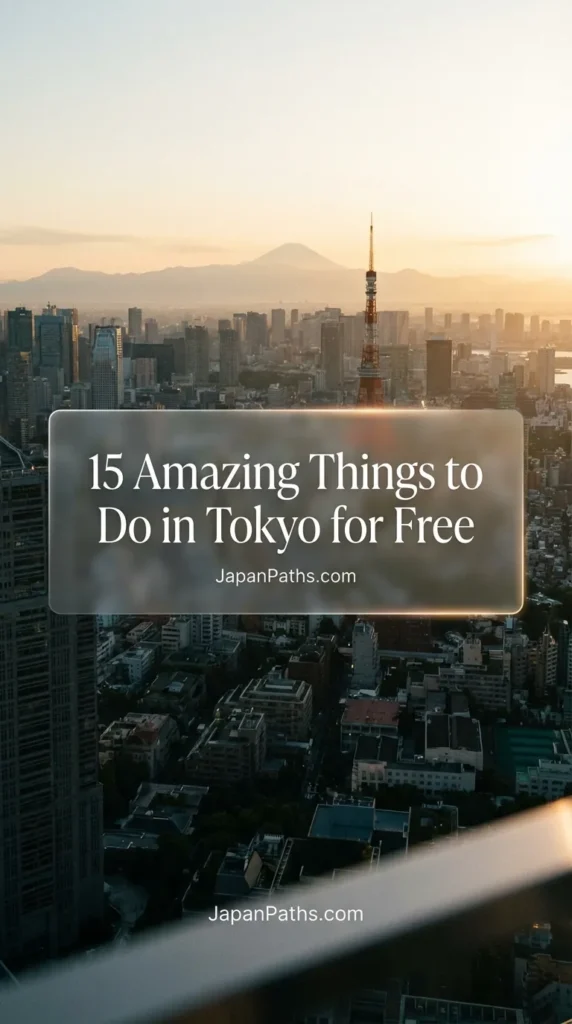 A travel pin graphic titled 15 Amazing Things to Do in Tokyo for Free. The image features a montage of popular Japanese spots like the red lantern at Asakusa Shrine, the Tokyo skyline, and cherry blossoms at Ueno Park. Essential Japan travel tips for saving money while exploring culture, anime districts, and historical sites.