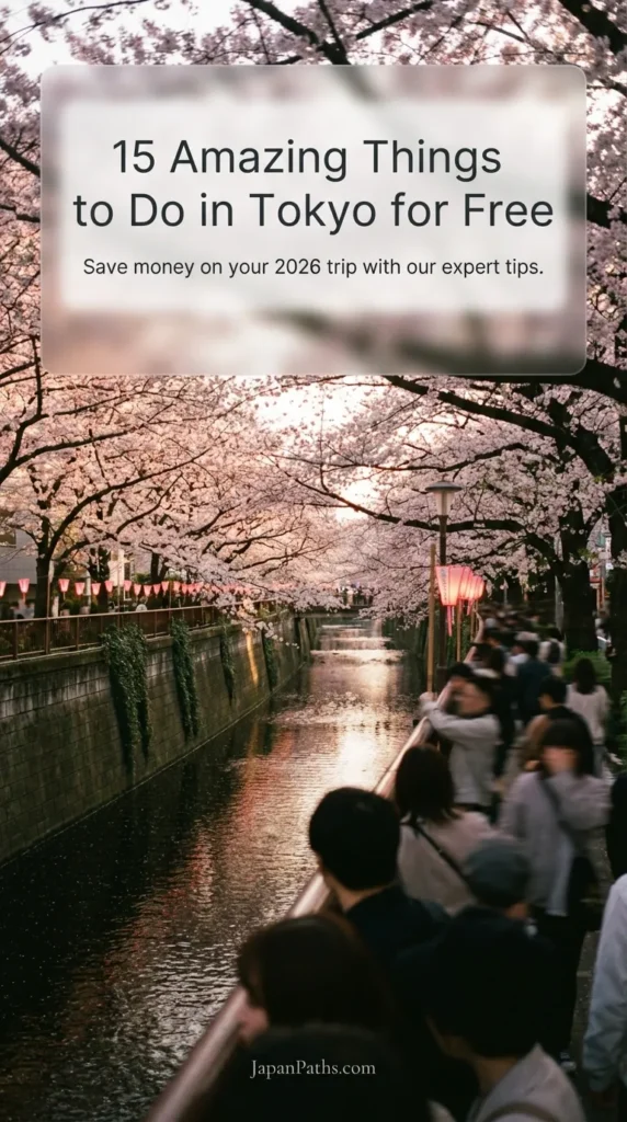 A collage of scenic Tokyo spots including a red shrine gate and city skyline, featuring text overlay 15 Amazing Things to Do in Tokyo for Free. Ideal for Japan Travel planning, experiencing Japanese Culture, and finding budget activities like Ueno Park and Asakusa.