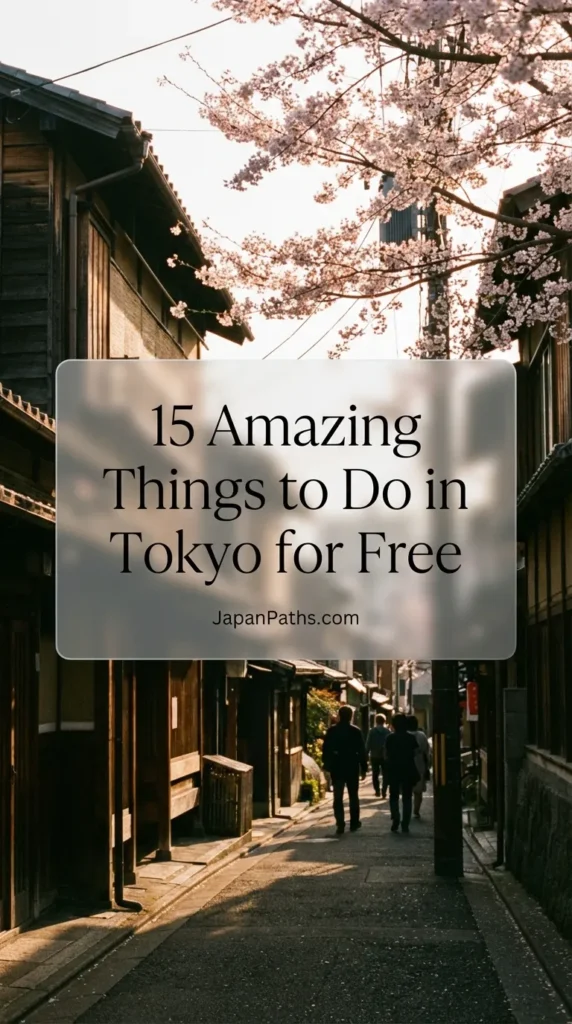 A scenic view of traditional Japanese architecture in Tokyo juxtaposed with modern city life, illustrating 15 Amazing Things to Do in Tokyo for Free. Ideally depicts the Asakusa Shrine or Ueno Park, highlighting budget-friendly Japan travel options and Japanese culture.