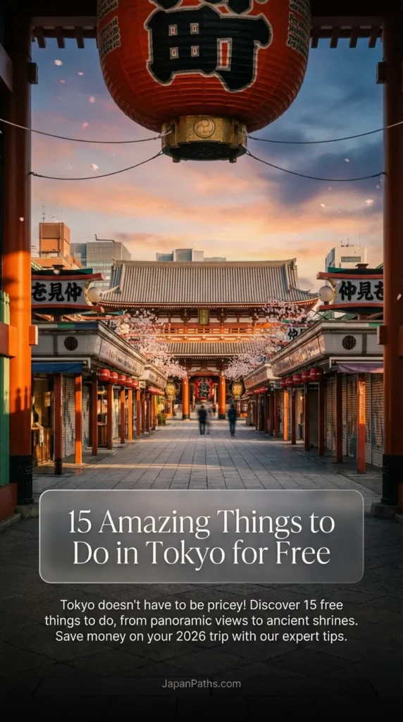 Scenic view of a traditional Japanese shrine gate framed by city skyscrapers, representing the contrast of old and new. This image leads to a blog post about 15 Amazing Things to Do in Tokyo for Free, featuring Asakusa Shrine, Ueno Park, and Meiji Shrine. Essential Japan Travel inspiration for budget-conscious tourists planning a 2026 trip to experience authentic Japanese Culture.