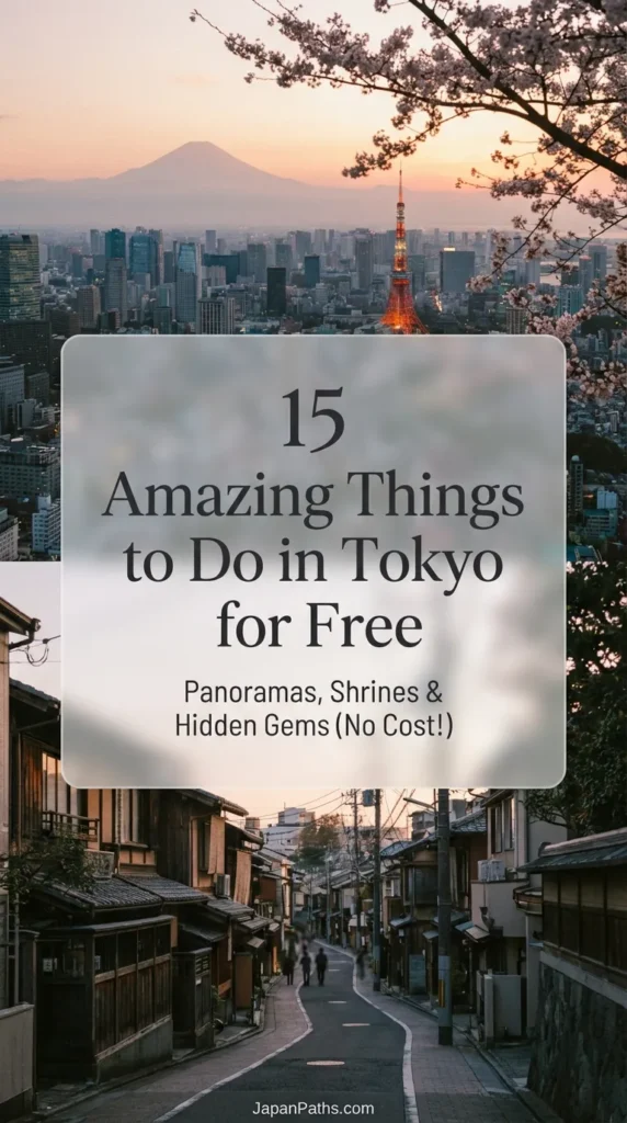 Collage of Tokyo attractions including the Metropolitan Government Building view and Meiji Shrine, illustrating 15 Amazing Things to Do in Tokyo for Free. Guide for budget travel in Japan featuring Asakusa, Ueno Park, and Shimokitazawa.