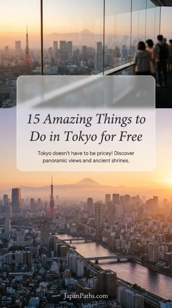 A collage of scenic Japanese locations including a red torii gate and a city skyline view. The image represents a travel guide for 15 Amazing Things to Do in Tokyo for Free, highlighting budget-friendly spots like Ueno Park, Asakusa Shrine, and local street markets. Perfect for Japan travel planning.
