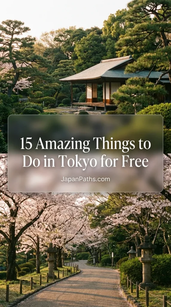 A scenic view of a traditional Japanese shrine gate surrounded by nature in the city. This guide covers 15 Amazing Things to Do in Tokyo for Free, including visiting Senso-ji, Ueno Park, and the Tokyo Metropolitan Government Building. Perfect for Japan Travel planning and exploring Japanese Culture on a budget.