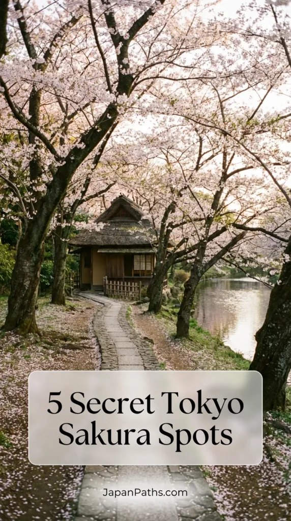 Vibrant pink cherry blossoms framing a quiet traditional Japanese street, showcasing one of the 5 Secret Tokyo Sakura Spots. This Japan Travel image captures the beauty of a peaceful hanami experience away from tourist crowds, highlighting authentic Japanese Culture and spring scenery.