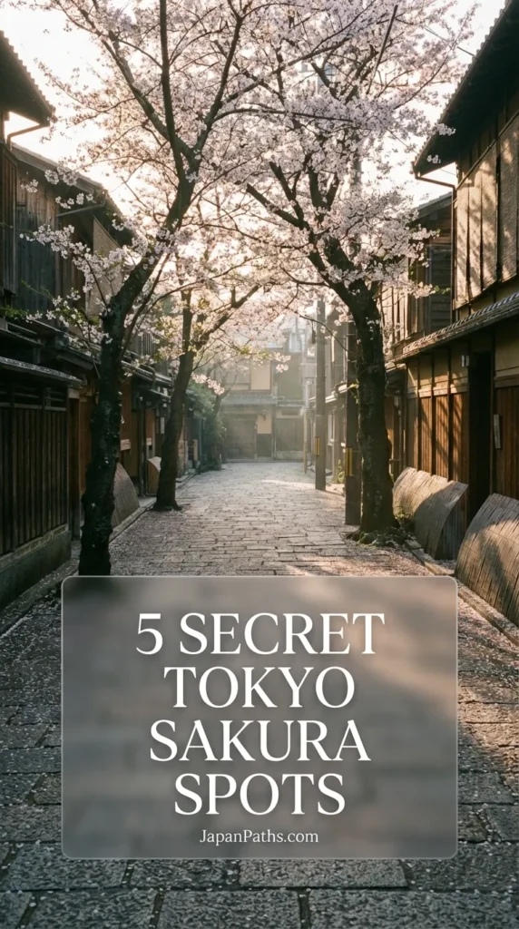 Stunning pink cherry blossoms hanging over a quiet path in Tokyo, representing one of the 5 Secret Tokyo Sakura Spots. Ideal for Japan travel planning, looking for peaceful hanami locations and authentic Japanese culture away from the tourist crowds.