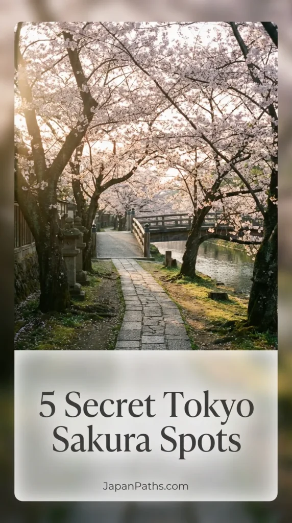 Stunning pink cherry blossoms hanging over a quiet canal path, illustrating 5 Secret Tokyo Sakura Spots for a peaceful spring trip. A serene Japan Travel scene showing authentic Japanese Culture and nature during hanami season 2026 away from the tourist crowds.