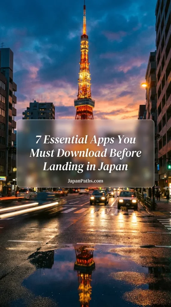 A vibrant vertical photo of Tokyo Tower glowing red against a blue and pink sunset sky, reflected perfectly in a rain puddle on the street below. Text overlay reads JAPAN TOKYO. This pin links to a blog post about the 7 Essential Apps You Must Download Before Landing in Japan to help travelers navigate transit and culture.