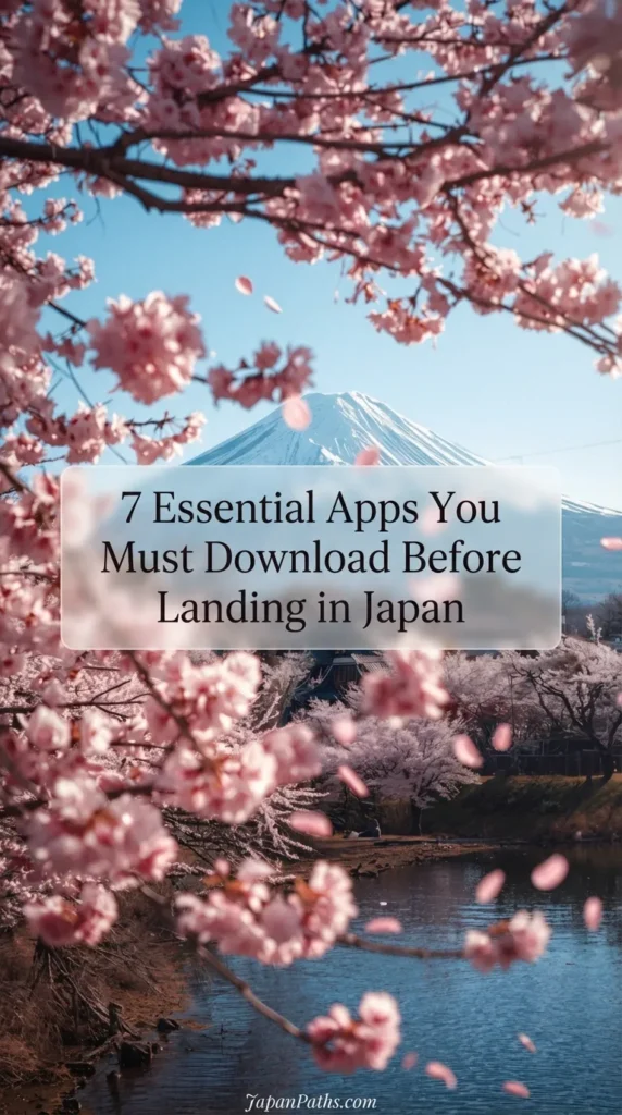 Stunning view of snow-capped Mount Fuji framed by pink cherry blossoms and falling sakura petals over a calm lake with traditional buildings. A perfect Japan travel scene. Ensure your trip is just as beautiful by getting the 7 Essential Apps You Must Download Before Landing in Japan found on JapanPaths.com to help with transit and translation.