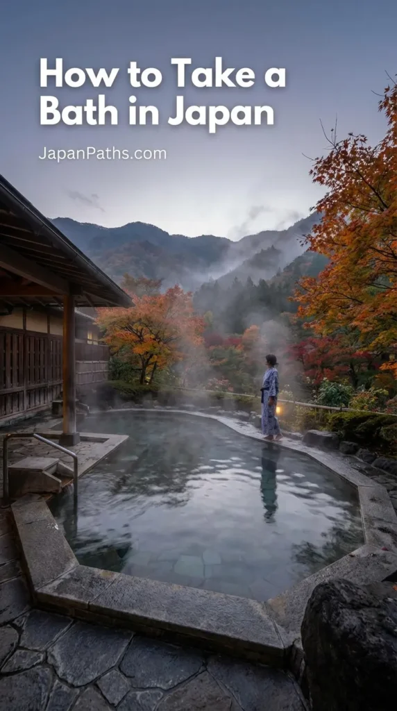 How to Take a Bath in Japan: A serene outdoor wooden hot spring bath (rotenburo) steaming gently, surrounded by nature and traditional washing stations with wooden buckets.