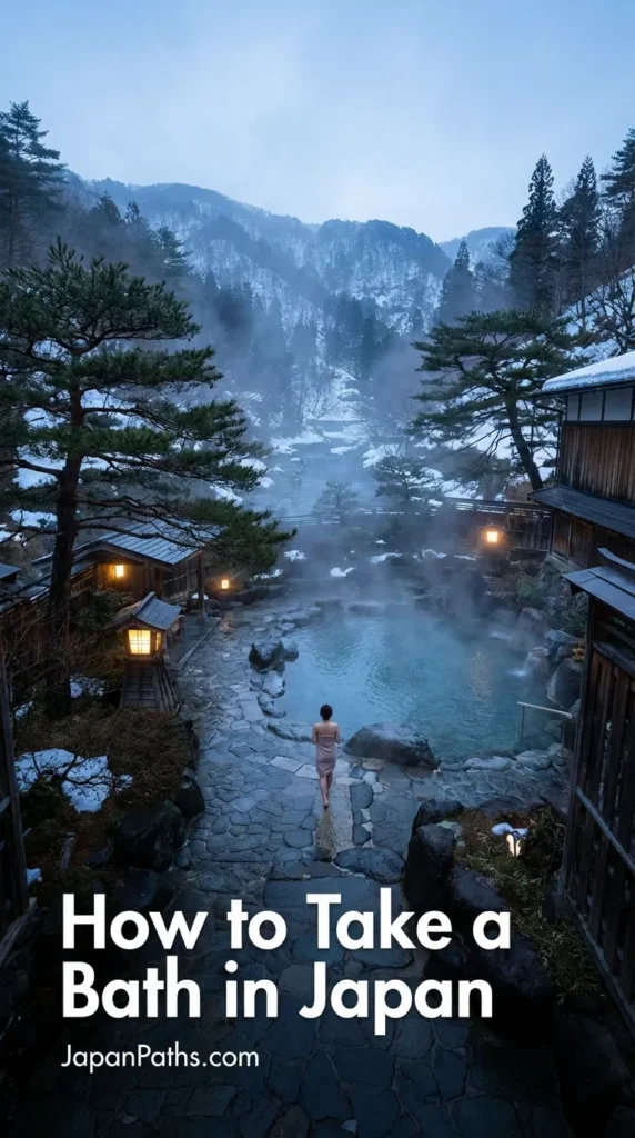 How to Take a Bath in Japan: A steaming outdoor hot spring bath surrounded by natural rocks and bamboo in a traditional Japanese ryokan setting.