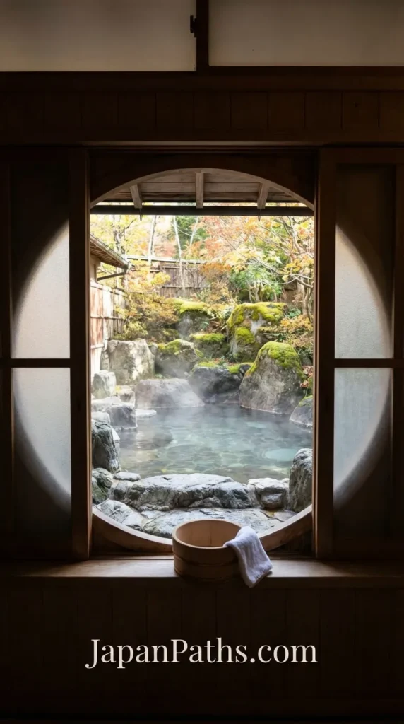 How to Take a Bath in Japan: Steam rising from a traditional outdoor stone hot spring bath surrounded by lush bamboo and serene nature.