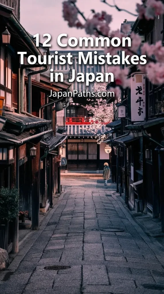 12 Common Tourist Mistakes in Japan: A vertical shot of a narrow, traditional stone-paved street in Kyoto lined with wooden buildings and framed by pink cherry blossoms.