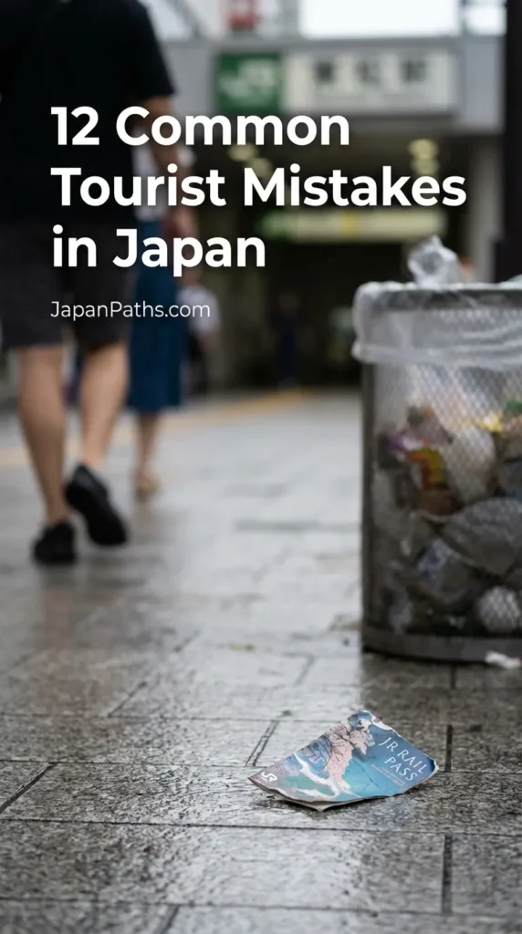 12 Common Tourist Mistakes in Japan: A traveler looking confused at a busy Tokyo train station map surrounded by neon lights.