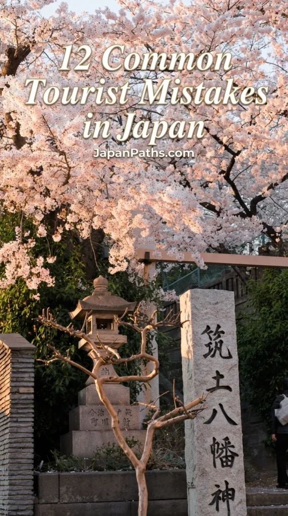 12 Common Tourist Mistakes in Japan: A beautiful stone lantern and Japanese calligraphy pillar framed by blooming pink cherry blossoms at a shrine entrance.
