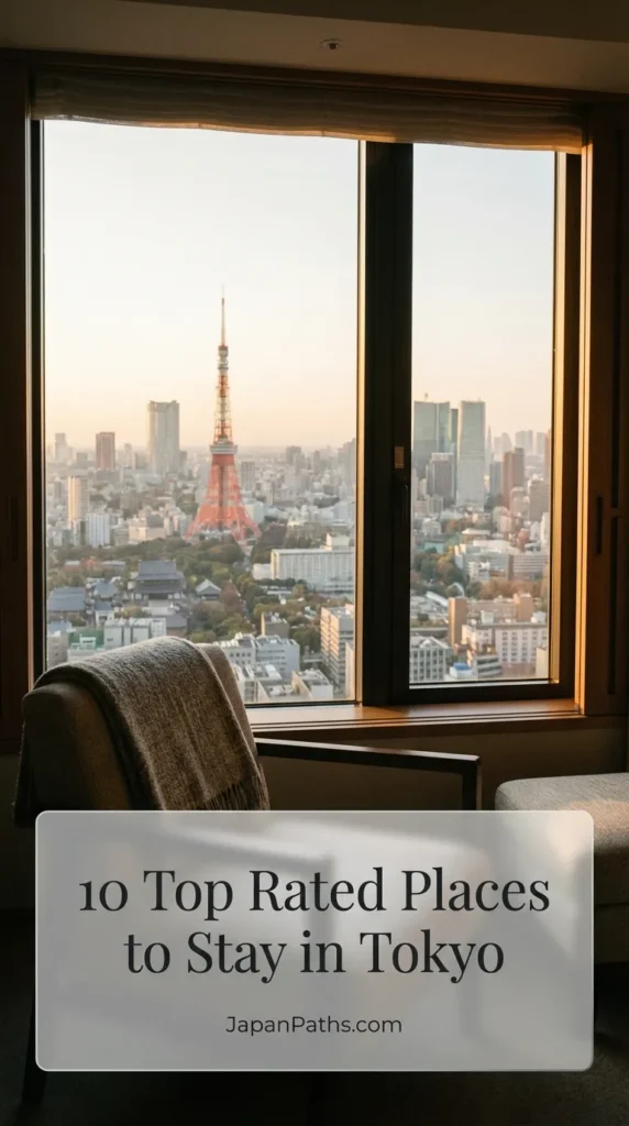 A scenic view of the Tokyo skyline at twilight representing the 10 Top Rated Places to Stay in Tokyo. The image highlights the diversity of Japan Travel accommodation, from modern luxury hotels in Shinjuku to traditional stays in Asakusa, suitable for Japanese culture enthusiasts.