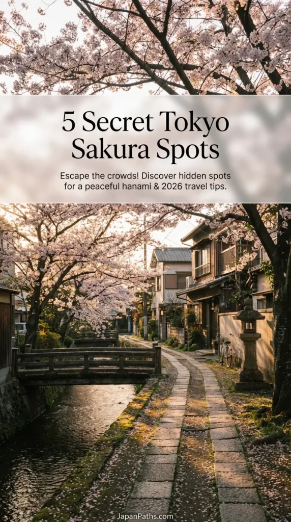 A serene landscape showing full bloom pink cherry blossom trees lining a quiet riverbank in Tokyo, illustrating one of the 5 Secret Tokyo Sakura Spots. The image captures the essence of a peaceful hanami experience in Japan, perfect for travelers seeking hidden gems and authentic Japanese culture during the spring season.