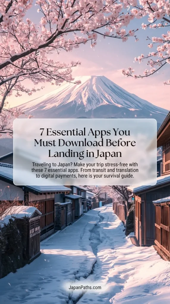 A picturesque vertical view of a snow-covered street in a traditional Japanese village with wooden architecture, framed by blooming pink cherry blossoms and the majestic Mount Fuji in the distance. Learn the 7 Essential Apps You Must Download Before Landing in Japan to navigate scenic locations like this easily.