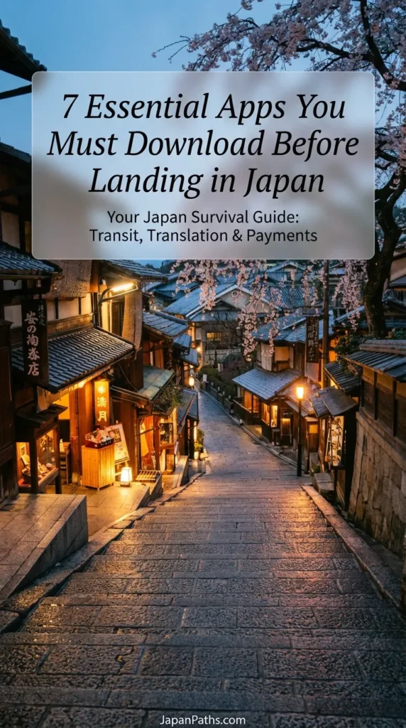 A picturesque evening view of a traditional stone-paved street in Kyoto, lined with wooden shops and glowing lanterns. A couple dressed in kimono walks down the stairs under a weeping tree. While enjoying Japan Travel scenes like this is a dream, navigating can be tricky. Use our guide on the 7 Essential Apps You Must Download Before Landing in Japan to ensure a smooth journey.