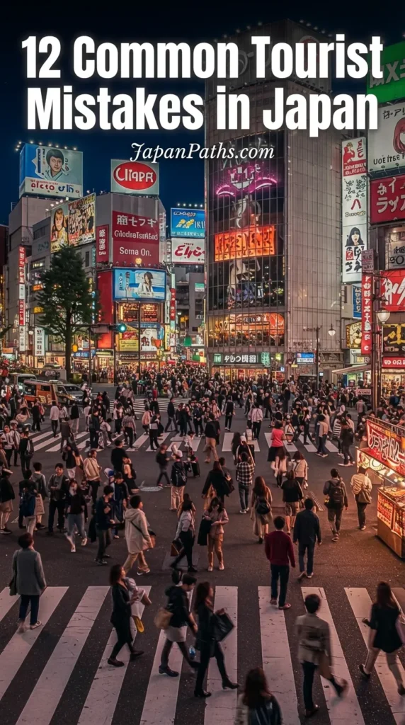 12 Common Tourist Mistakes in Japan: A high-angle view of a crowded pedestrian crossing in Tokyo at night, illuminated by towering buildings covered in bright neon signs and advertisements.