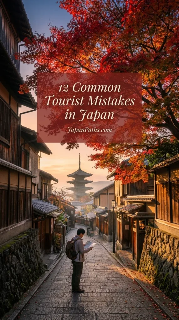 12 Common Tourist Mistakes in Japan: A vibrant street scene in Kyoto featuring tourists walking near traditional wooden machiya buildings under cherry blossoms.