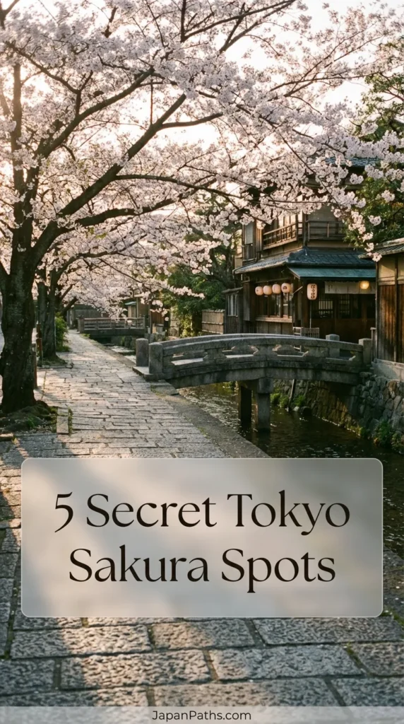 Soft pink cherry blossoms framing a quiet river path, illustrating one of the 5 Secret Tokyo Sakura Spots for a peaceful spring vacation. Perfect inspiration for Japan Travel itineraries and experiencing authentic Japanese Culture during the cherry blossom season.