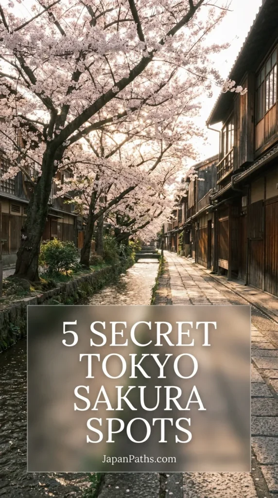 A serene canal in Tokyo lined with full-bloom pink cherry blossom trees reflecting in the water, representing one of the 5 Secret Tokyo Sakura Spots. This scene highlights the beauty of Japan Travel and Japanese Culture during spring, offering a quiet alternative to crowded tourist hubs.