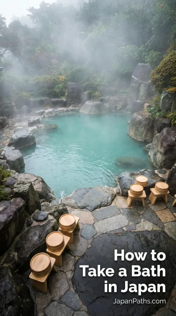How to Take a Bath in Japan: A serene wooden indoor onsen bath filled with steaming hot water overlooking a lush Japanese garden through a large window.