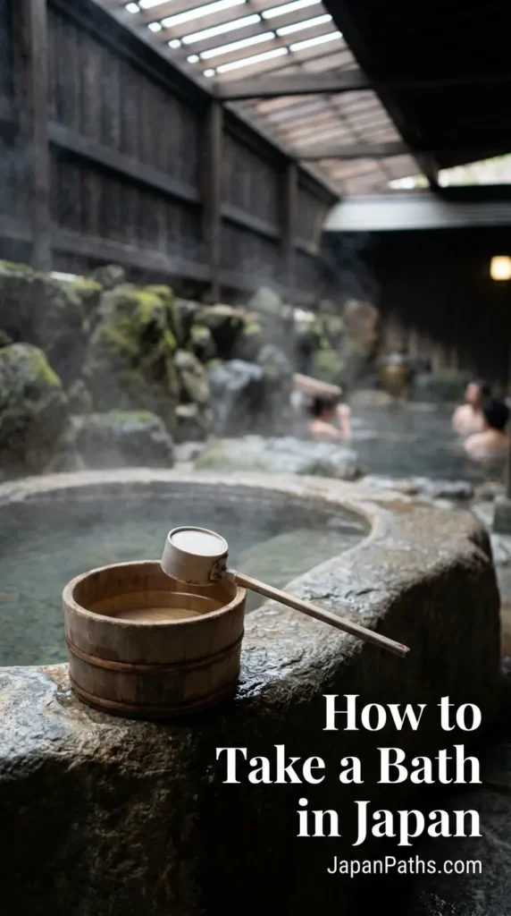 How to Take a Bath in Japan: A steaming outdoor hot spring bath made of natural rock and cypress wood overlooking a peaceful Japanese garden.