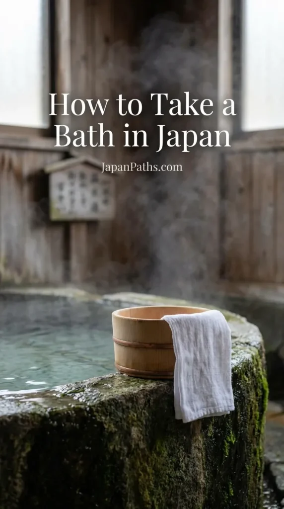 How to Take a Bath in Japan: A serene outdoor wooden hot spring bath surrounded by steam and nature.