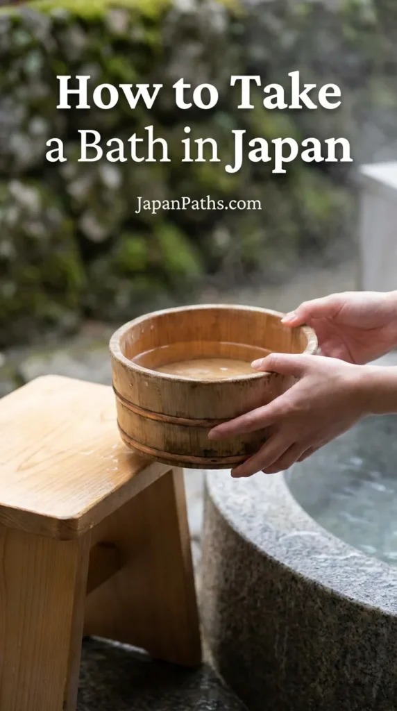 How to Take a Bath in Japan: A traditional wooden bucket and white towel sitting next to a steaming outdoor hot spring bath surrounded by bamboo.