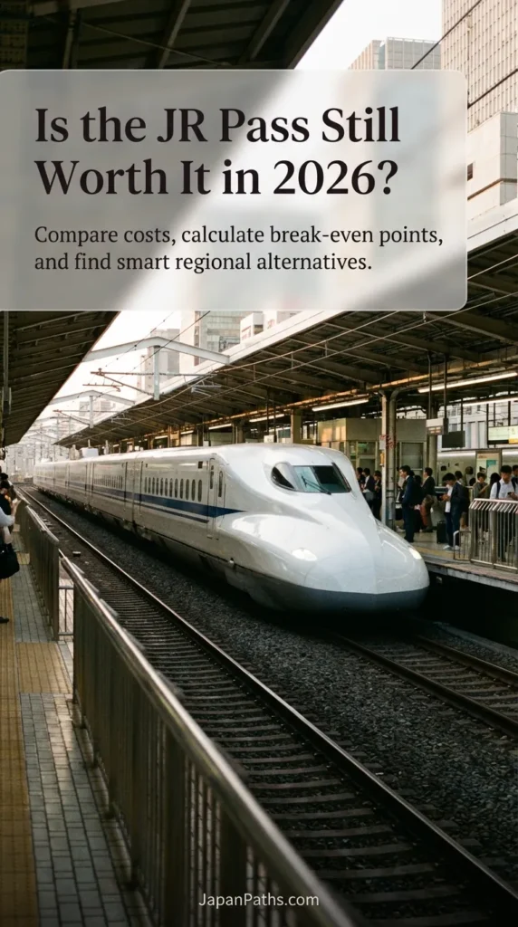A white Shinkansen bullet train stopped at a station platform in Japan. Text overlay discusses cheaper alternatives to the national rail pass. This guide answers the question: Is the JR Pass Still Worth It in 2026? It is essential reading for planning Japan Travel budgets and understanding transportation costs.